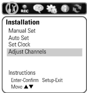 Installation Manual Set Auto Set Set Clock Adjust Channels Instructions Enter-Confirm Setup-Exit Move ▲▼