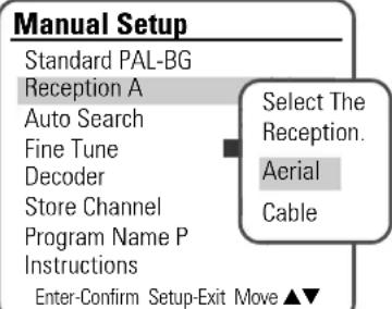 Manual Setup Standard PAL-BG Reception A Auto Search Fine Tune Decoder Store Channel Program Name P Instructions Enter-Confirm Setup-Exit Move ▲▼ Select The Reception. Aerial Cable