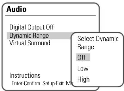 Audio Digital Output Off Dynamic Range Virtual Surround Instructions Enter-Confirm Setup-Exit Mo Select Dynamic Range Off Low High