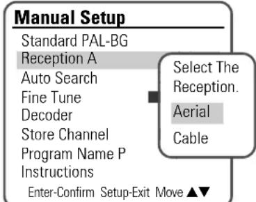 Manual Setup Standard PAL-BG Reception A Auto Search Fine Tune Decoder Store Channel Program Name P Instructions Enter-Confirm Setup-Exit Move ▲▼ Select The Reception. Aerial Cable