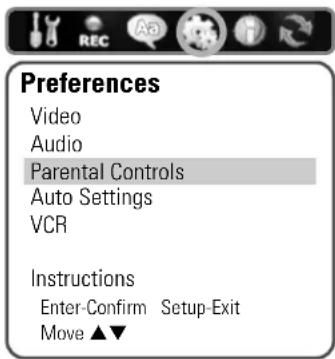 Preferences Video Audio Parental Controls Auto Settings VCR Instructions Enter-Confirm Setup-Exit Move ▲▼