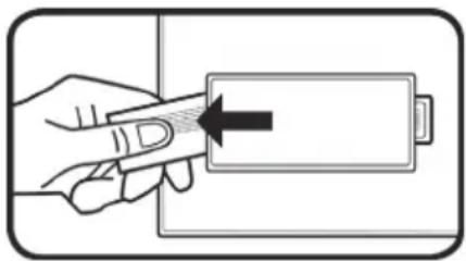 Illustration of a hand inserting a battery into a rectangular block, with no text or symbols present.
