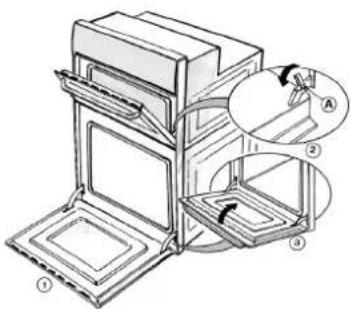 Technical diagram of a multi-tiered oven or rack with labeled parts and directional arrows indicating assembly steps.