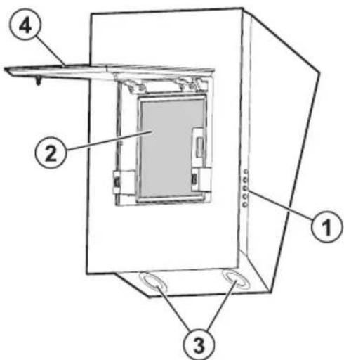 Technical diagram of a device with numbered components, likely an enclosure or cabinet assembly.