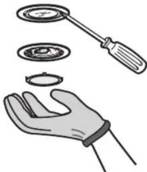Illustration of a hand holding circular components with a tool, no text or symbols present