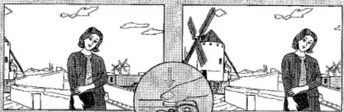 Illustration de deux femmes dans un paysage rural avec des moulins à vent et des bâtiments, aucun texte ni symbole présent