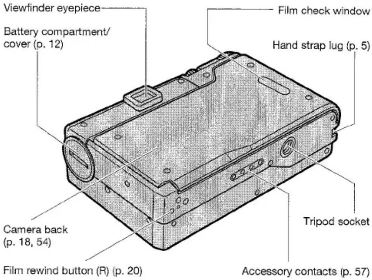 Œilleton du viseur Compartiment/couvercle de pile (p. 12) Fenêtre de vérification du film Ergot de dragonne (p. 5) Dos de l'appareil (p. 18, 54) Emplacement pour trépied Bouton de rembobinage du film (R) (p. 20) Contacts accessoires (p. 57)