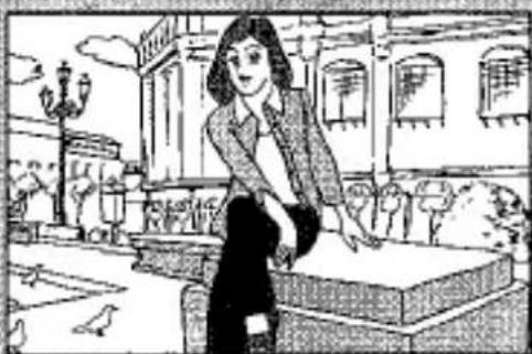Illustration d'une femme debout à un bureau dans un bureau avec fenêtres et mobilier (aucun texte ni symbole visible)