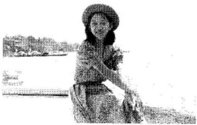Illustration en noir et blanc d'une femme en tenue traditionnelle tenant des fleurs, assise à l'extérieur avec un bateau et une vue de ville en arrière-plan (aucun texte ou symbole visible)
