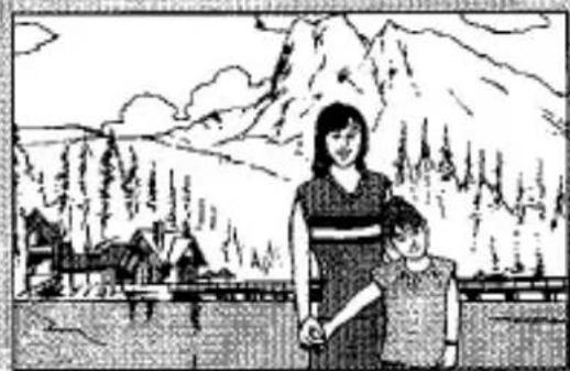 Illustration en noir et blanc d'une femme et d'un enfant debout devant un paysage de montagne avec des arbres et une petite maison (aucun texte ou symbole)