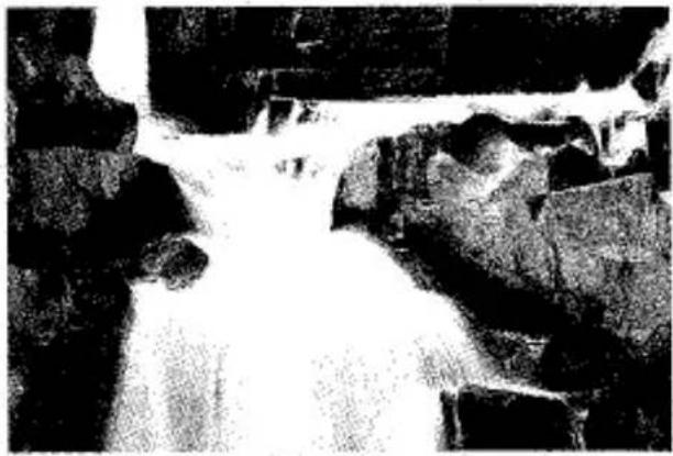 Photographie en noir et blanc d'une cascade rocheuse dévalant sur des rochers, sans texte ni symbole visible.