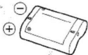 Dessin au trait simple d'un appareil électronique rectangulaire avec indicateurs de polarité (sans texte ni symboles)