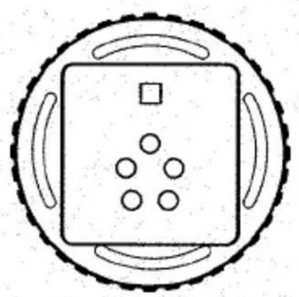 Dessin au trait simple d'un appareil carré avec des éléments circulaires et un dessus carré, enfermé dans un cadre circulaire (aucun texte ou symbole).