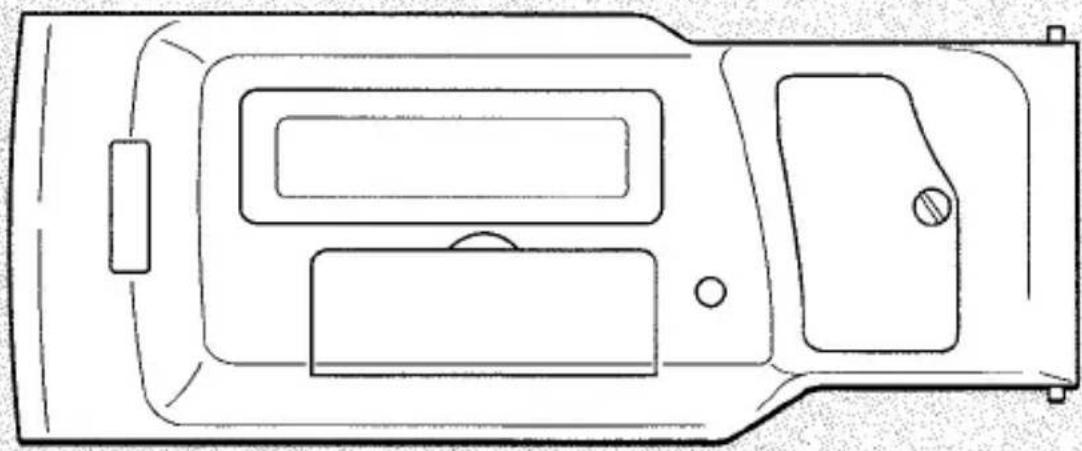 Dessin au trait vu de dessus d'un boîtier d'appareil avec compartiments internes et une poignée (sans texte ni symboles)