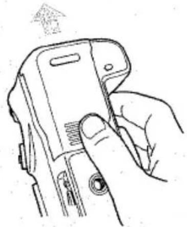 Dessin au trait d'une main tenant un appareil portable avec une molette (sans texte ni symboles)