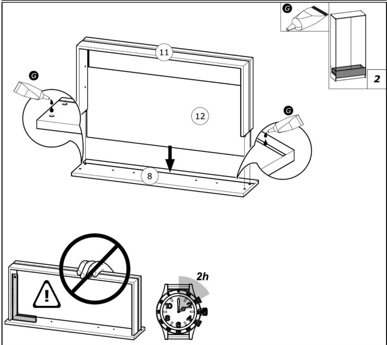 Technical diagram illustrating a mechanical assembly with labeled components and safety warnings including a 2h time limit.
