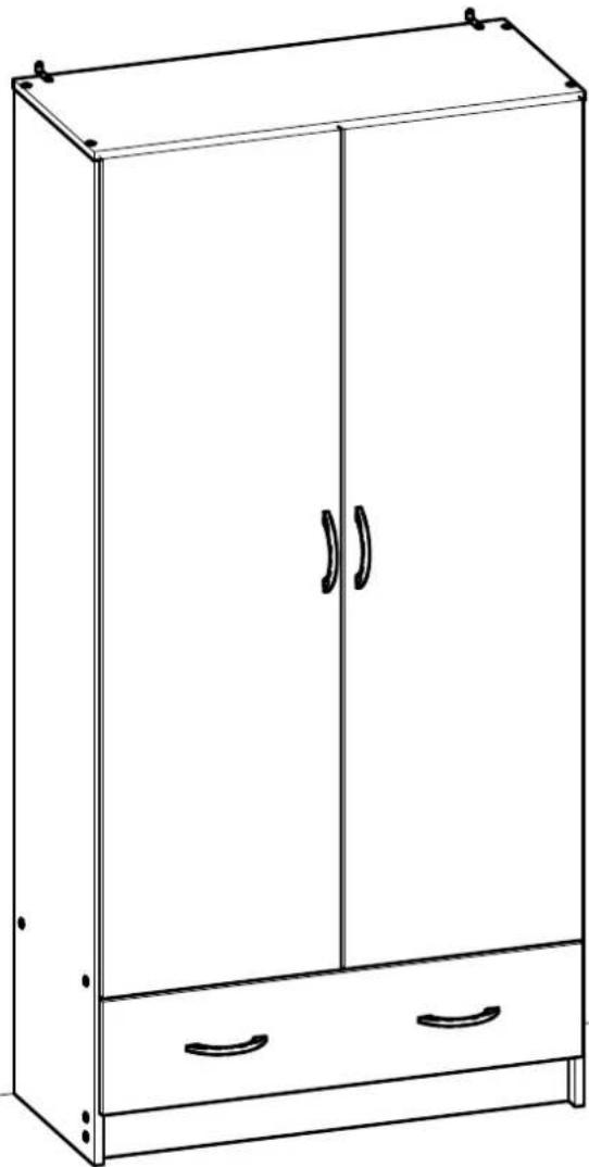 Line drawing of a two-door cabinet with two drawers and handle handles (no text or symbols)