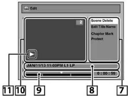 mac Edit Scene Delete Edit Title Name Chapter Mark Protect JAN/11/13 11:00PM L1 LP 0 : 00 : 59 11 10 9 8 7