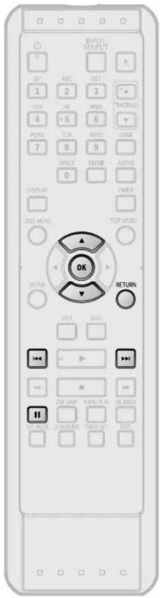 INPUT SELECT AVI ABC DEF 1 2 3 ▲ ONI ON MNO TRACKING 4 5 6 ▼ PQRS TUN WAYZ HOME 7 8 9 SPACE CLEAR AUDIO 0 DISPLAY TIMER DISC MENU TOP MENU OK RETURN SETUP VCH OAD OFF CM SKIP RAPD PLN SEARCH RIZ MODE DURING TIMER SET REC