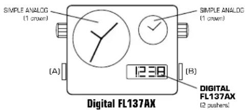 SIMPLE ANALOG (1 crown) SIMPLE ANALOG (1 crown) (A) 12:38 (B) DIGITAL FL137AX (2 pushers)