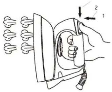 Diagram illustrating the working principle of a steam iron, showing how to press down air and then to lift.