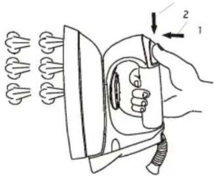 Diagram showing a hand using an electric iron to press air through a hose, with labeled parts and directional arrows.