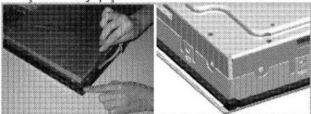 Two-panel image showing a hand holding a tool near a computer monitor (no visible text or symbols)