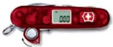 Red and white photo of a Switzerland IV wallet with digital display and medical cross symbol (no readable text)
