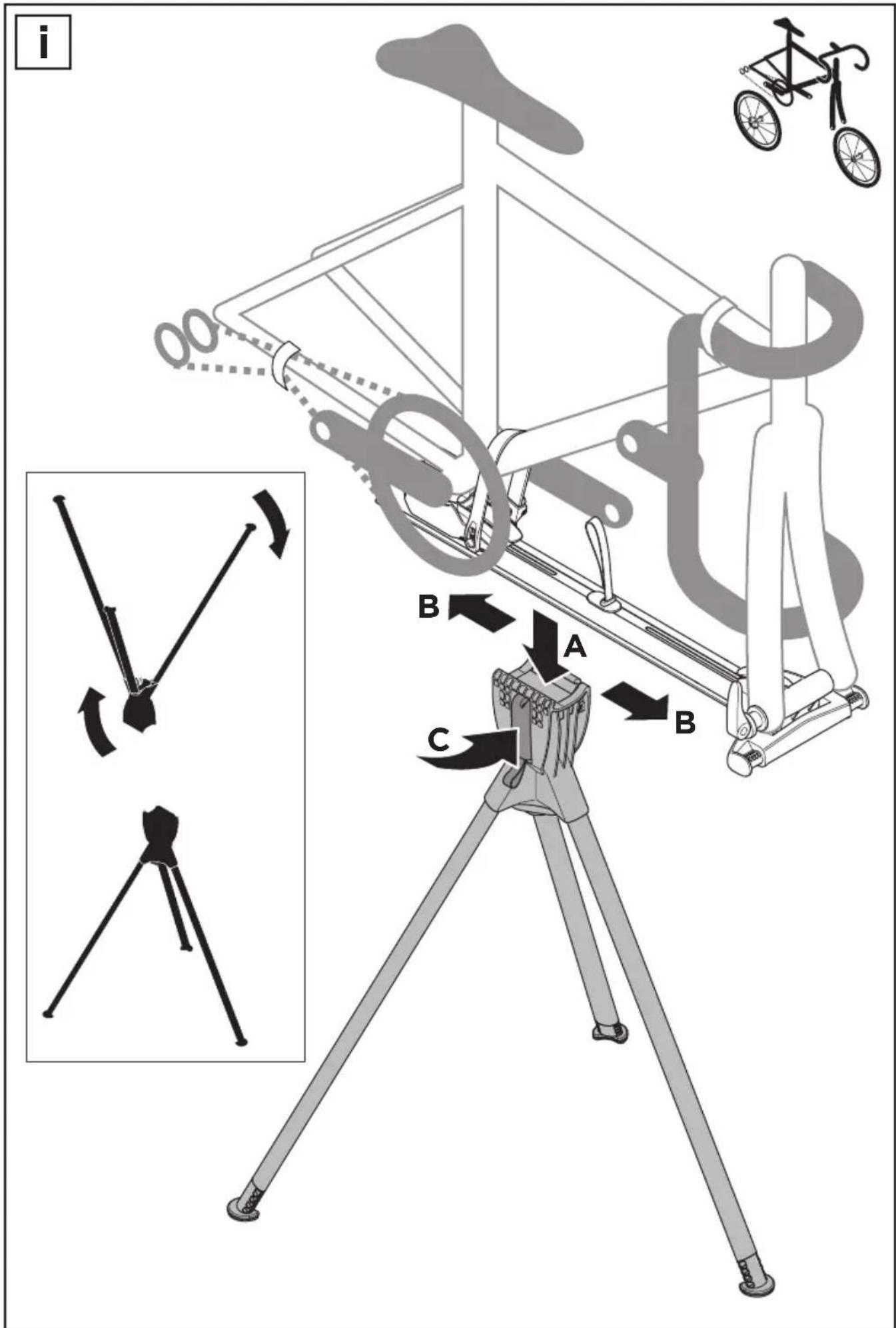 Diagram illustrating bicycle linkage system with labeled components A, B, C and a bicycle, showing mechanical assembly and motion directions.