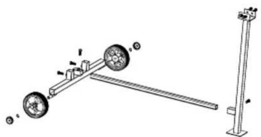 Technical line drawing of a mechanical lever system with two wheels and a vertical support (no text or symbols)