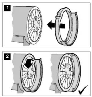 Schéma technique montrant deux vues d'un composant mécanique avec des pièces étiquetées et des flèches directionnelles indiquant le mouvement ou l'assemblage.