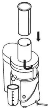 Line drawing of a blender with a cylindrical top and side cylinder, showing mechanical components and directional arrows (no text or symbols).