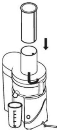 Diagram of a blender with a measuring cup and cylindrical body, showing mechanical components and directional arrows (no text or labels).