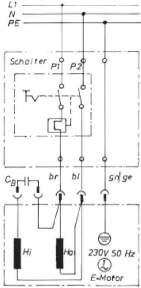 L1 N PE Schalter P1 P2 TV CB br bl sn ge Hi Ha 230V 50 Hz E-Motor