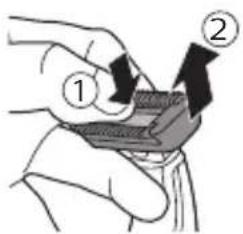 Diagram showing two labeled steps of a mechanical or electrical component being inserted into a device, with arrows indicating direction.