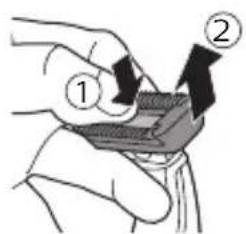 Diagram showing two hands holding a device with labeled arrows indicating process steps