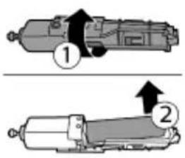 Technical diagram showing two mechanical components with numbered parts and directional arrows indicating motion or assembly.