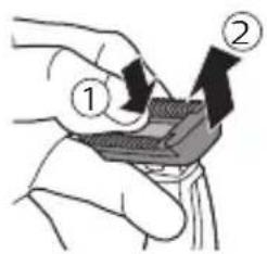 Diagram showing two labeled steps of a mechanical or electrical component being inserted into a device, with arrows indicating direction.