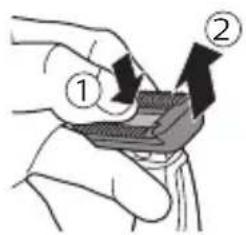 Diagram showing two labeled steps of a mechanical or electrical component being inserted into a component, with arrows indicating direction.