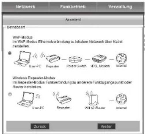 Netzwerk Funkbetrieb Verwaltung Assistant Betnebsart WAP-Modus Im WAP-Modus Ethemaherbindung zu lokalem Netzwerk über Kabel herstellen. User PC Repeater Router Switch 3DSL Modem Informat Wireless Repeater-Modus Im Repeater-Modus Funkverbindung zu anderem Funizugangspunkt oder Router herstellen. User PC Repeater Mail AP Router Informat Zurück Water