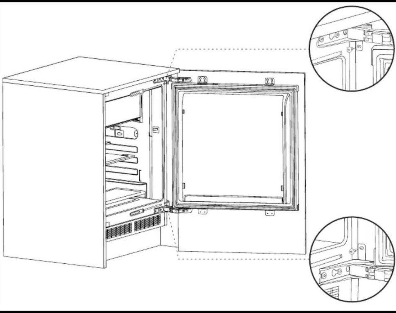 Line drawing of an open oven with internal shelves and door, showing close-up views of the interior (no text or symbols)