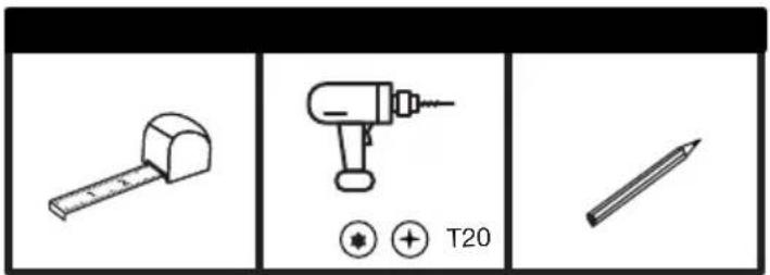 Technical diagram showing three tool icons: a measuring tool, a drill bit labeled T20, and a pencil.