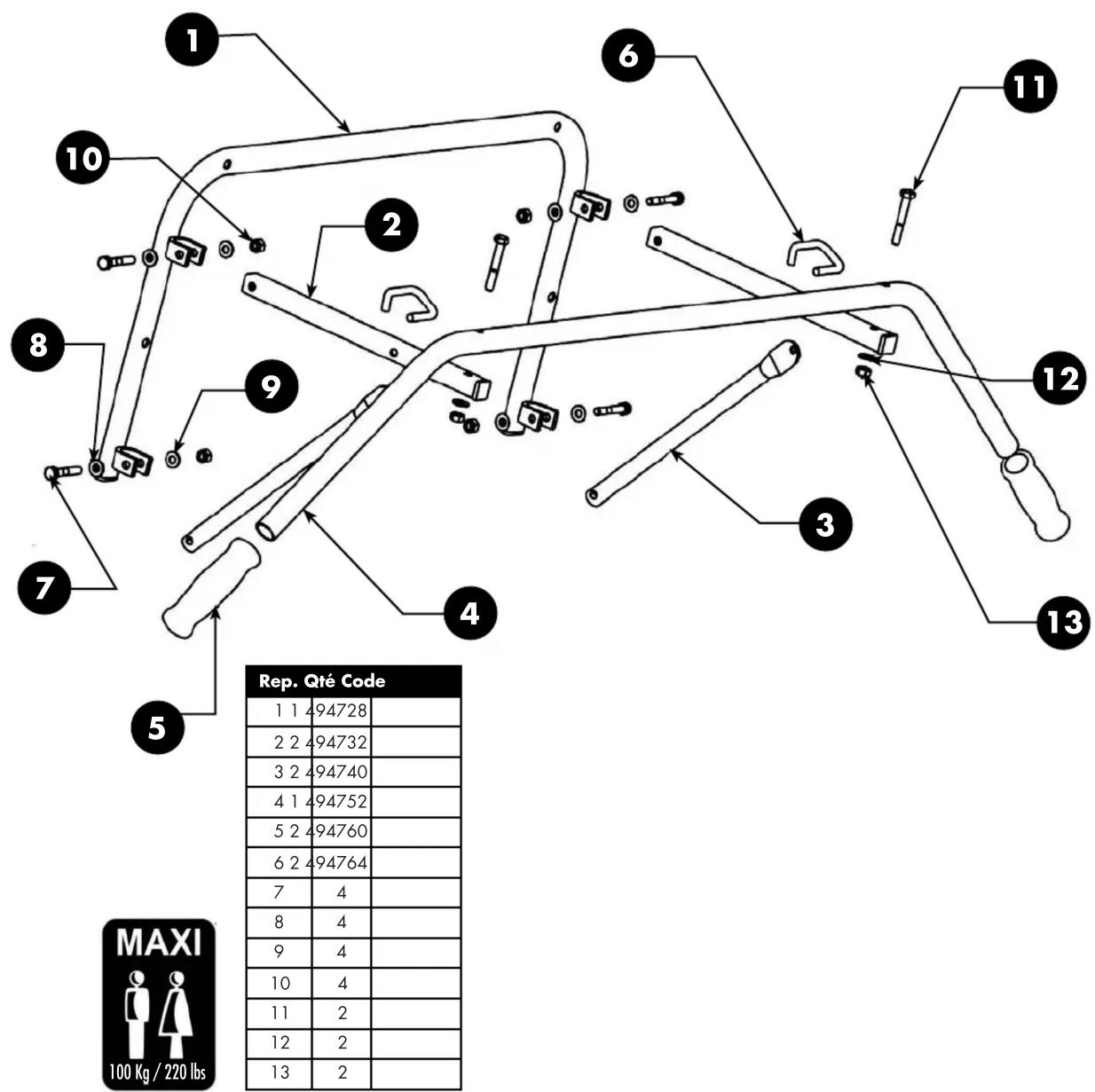 1 2 3 4 5 6 7 8 9 10 11 12 13 Rep. Qté Code 1 1 494728 2 2 494732 3 2 494740 4 1 494752 5 2 494760 6 2 494764 7 4 8 4 9 4 10 4 11 2 12 2 13 2 MAXI 100 Kg / 220 lbs