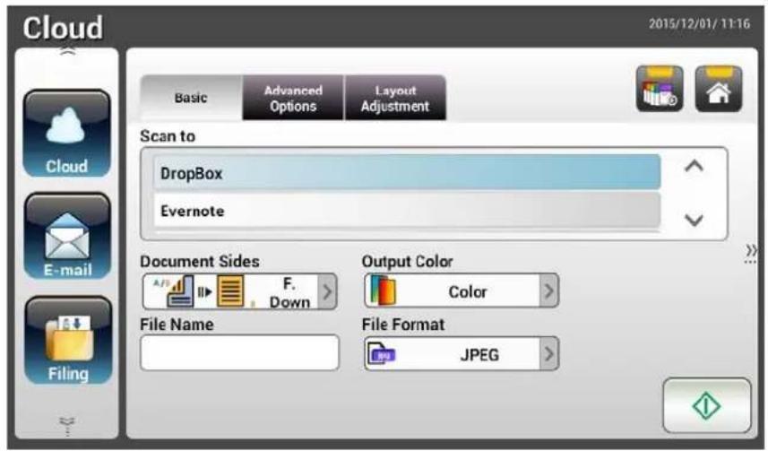 Cloud 2015/12/01/11:16 Basic Advanced Layout Options Adjustment Scan to DropBox Evernote Document Sides F. Down Output Color Color File Name File Format JPEG