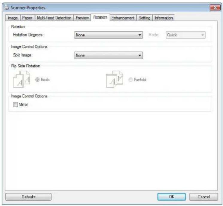 Scanner Properties Image Paper Multi-Feed Detection Preview Rotation Enhancement Setting Information Rotation Rotation Degrees: None Mode Quick Image Control Options Solt Image: None Flip Side Rotation A Book A V Fanfold Image Control Options Mirror Defaults OK Cancel