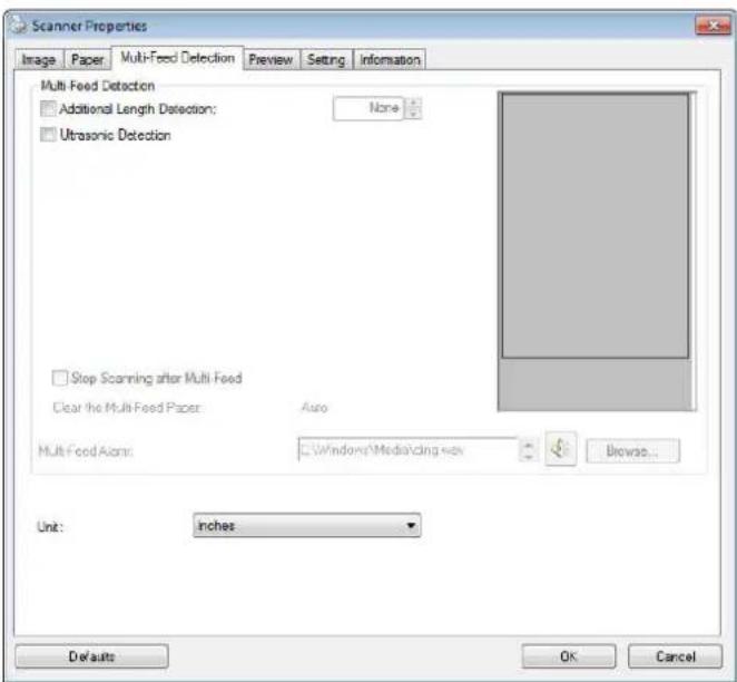 Scanner Properties Image Paper Multi-Feed Detection Preview Setting Information Multi-Feed Detection Additional Length Detection: None Ultrasonic Detection Stop Scanning after Multi-Feed Clear the Multi-Feed Paper Auto Multi-Feed Action: Windows\MediaVicing.wax Browse... Unit: inches Defaults OK Cancel