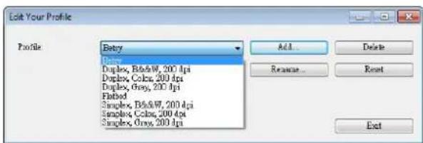 Edit Your Profile Profile Entry Duplex Duplex, B6&W, 200 dpi Duplex, Color, 200 dpi Duplex, Gray, 200 dpi Flabed Duplex, B6&W, 200 dpi Duplex, Color, 200 dpi Duplex, Gray, 200 dpi Add... Delete Rename... Reset Exit