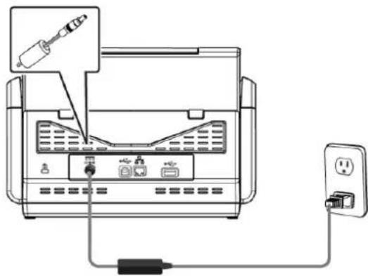Diagram showing a printer setup with a pencil inserted into a tray, connected to an outlet via a power plug.