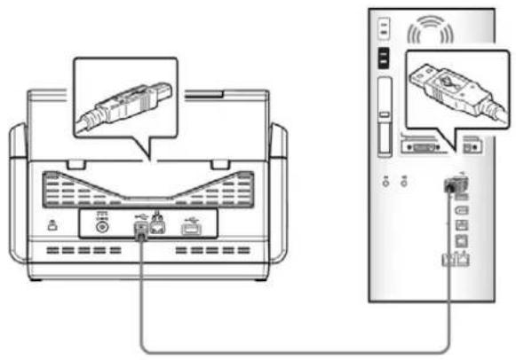 Diagram showing connection between a printer and a computer via wireless cable, with labeled components and wiring details.
