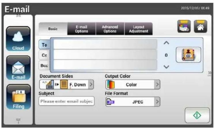 E-mail 2015/12/01/06:49 Basic E-mail Options Advanced Options Layout Adjustment To Cc Bcc Document Sides F. Down Subject Please enter email subjec Output Color Color File Format JPEG
